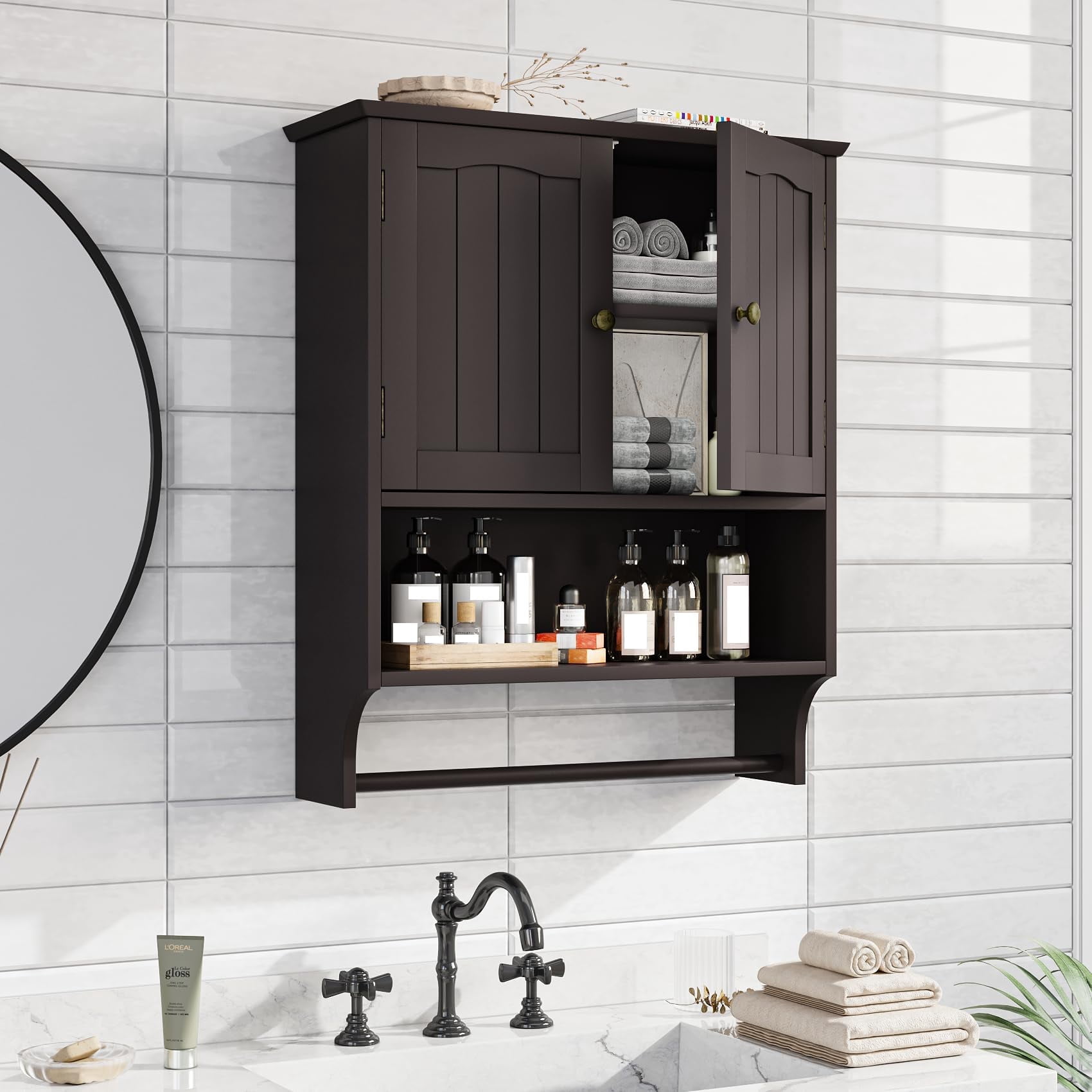 Semiocthome Bathroom Medicine Cabinet Storage Wall Mounted with Towel Bar and 2 Door in Brown