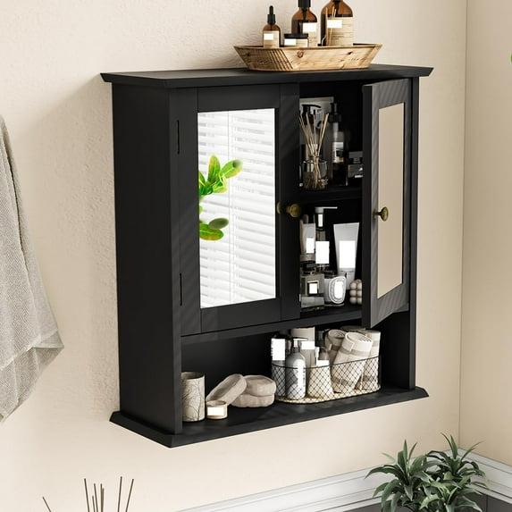 Semiocthome Bathroom Storage Medicine Cabinet with Mirror and Adjustable Shelvs, Black, Wooden