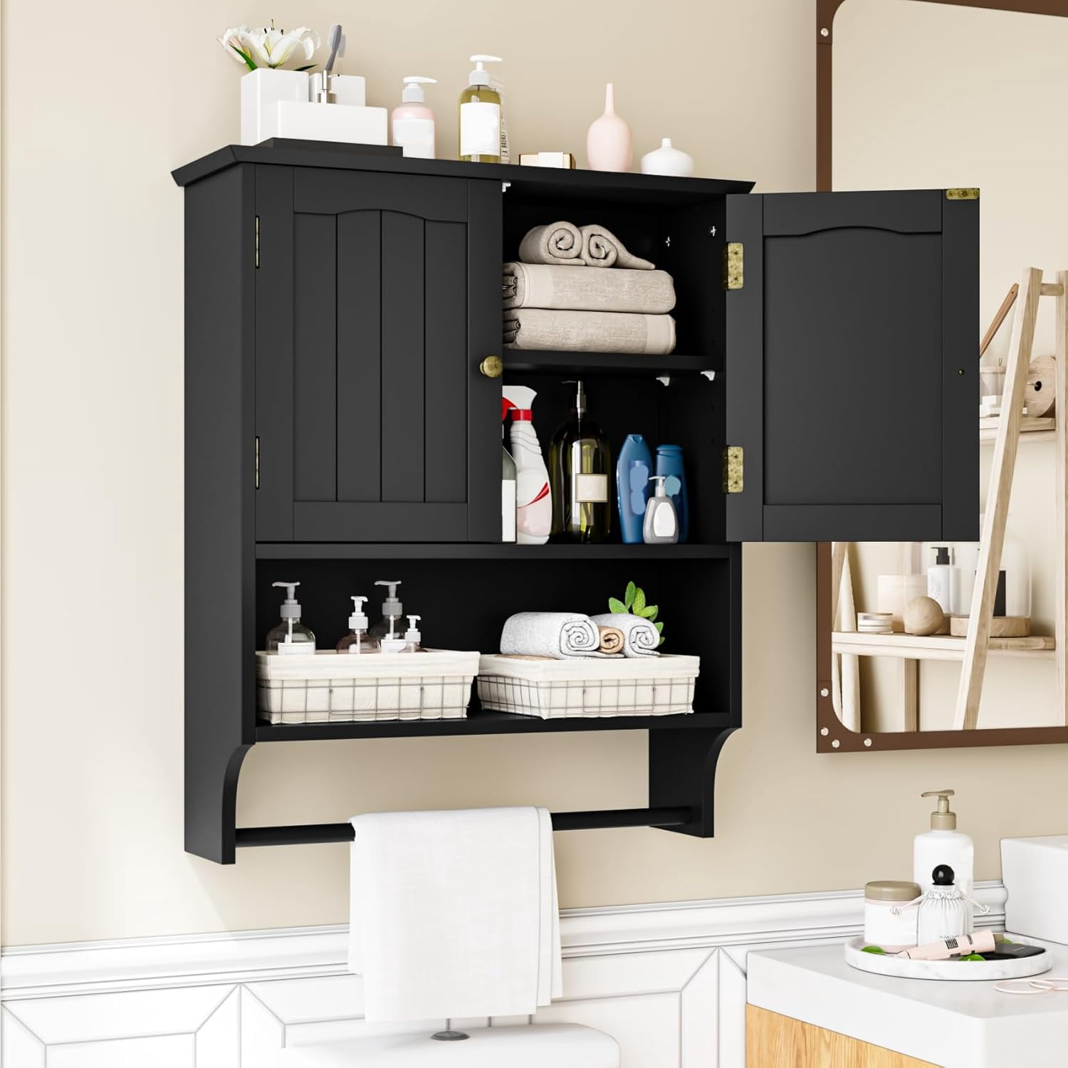 Semiocthome Bathroom Medicine Cabinet Wall Mounted Storage with Towel Bar and 2 Door in Black