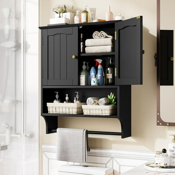 Semiocthome Bathroom Medicine Cabinet Wall Mounted Storage with Towel Bar and 2 Door in Black