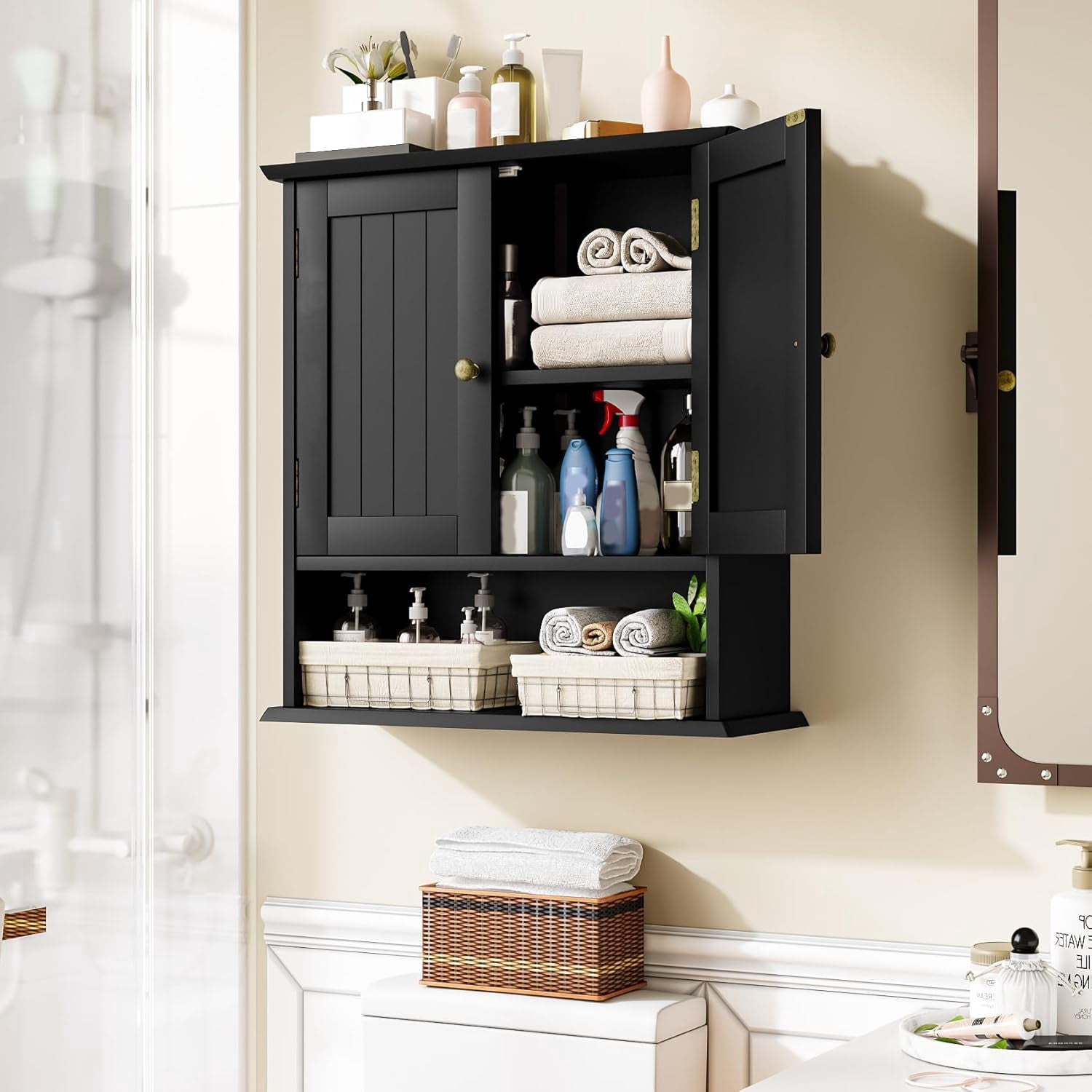 Semiocthome Bathroom Medicine Cabinet Wood 2 Doors Wall Cabinet over the Toilet Storage in Black