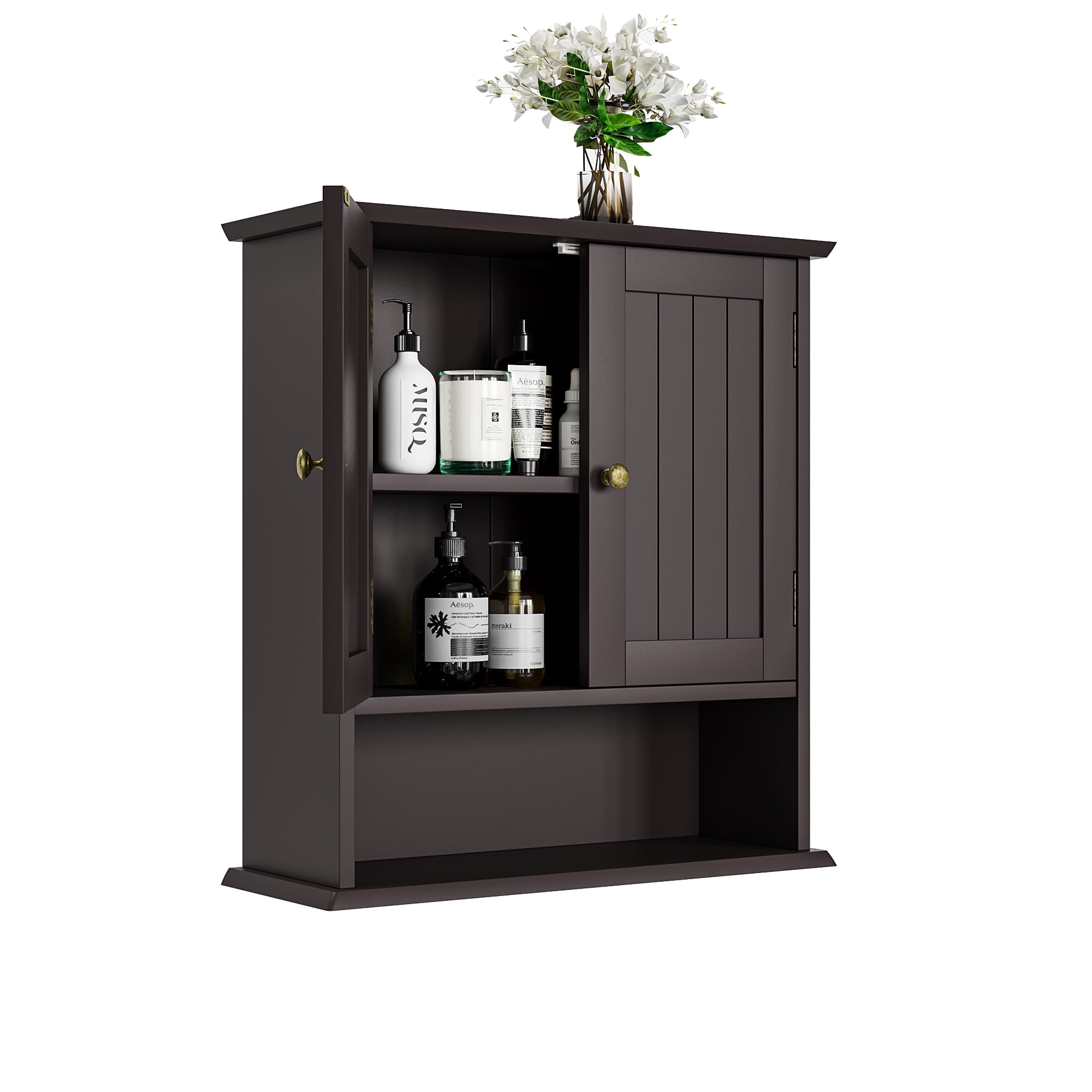 Brown MDF Wall Mounted Bathroom Cabinet with Adjustable Shelves