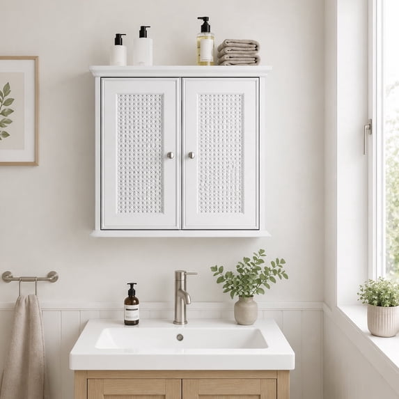 Semiocthome Bathroom Medicine Cabinet with 2 Rattan Door Over Toilet Storage, White