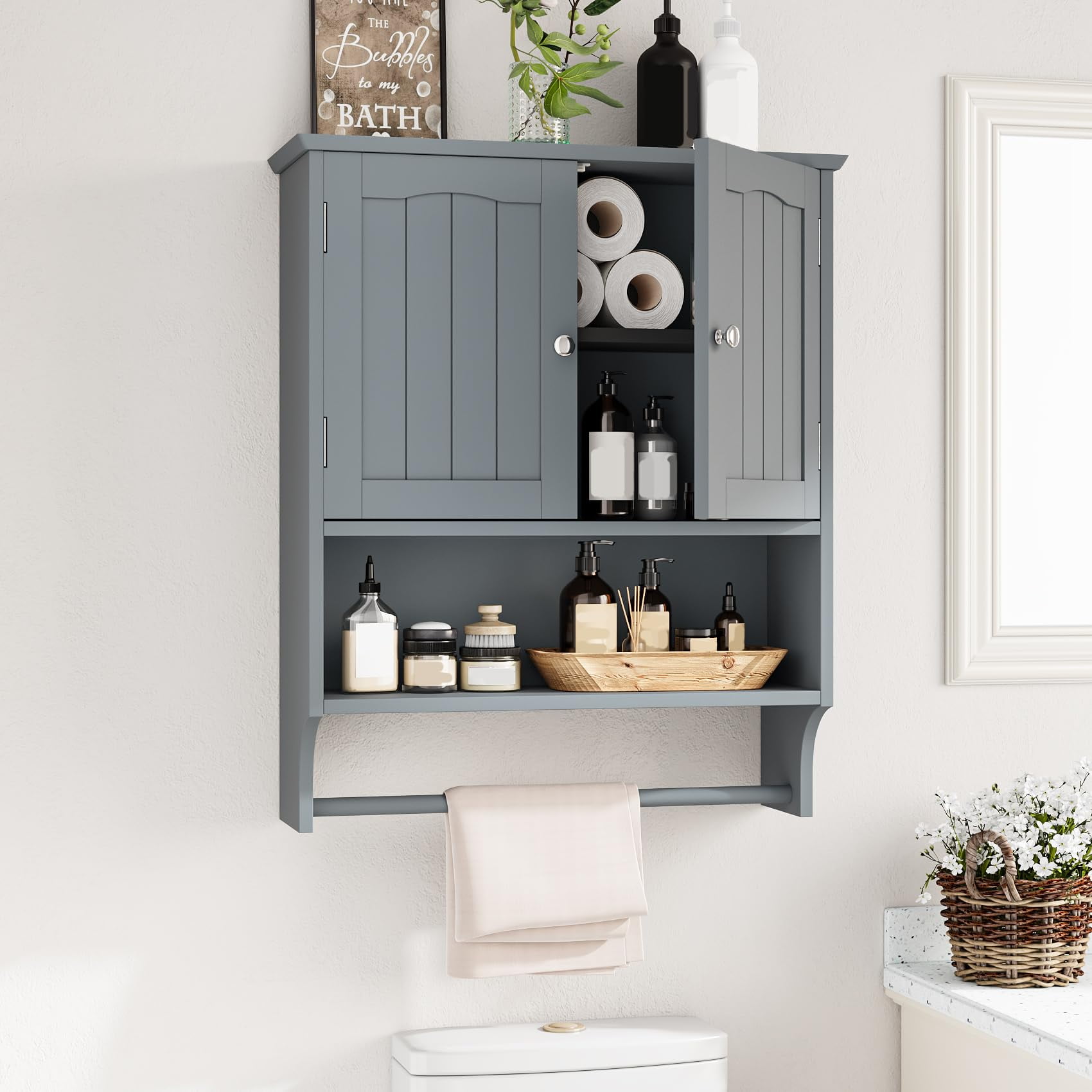 Over the toilet wall cabinet with towel bar discount