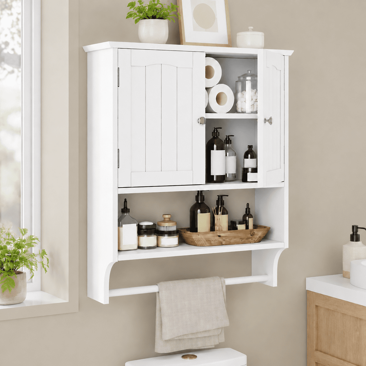 Semiocthome Bathroom Medicine Cabinet with Towel Bar and 3 Shelves Over Toilet Storage, White