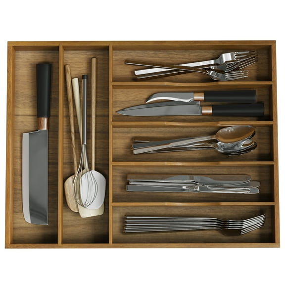 Semiocthome Drawer Organizer Silverware Organizer Kitchen Utensil Holder,7 Slots, Acacia Wood
