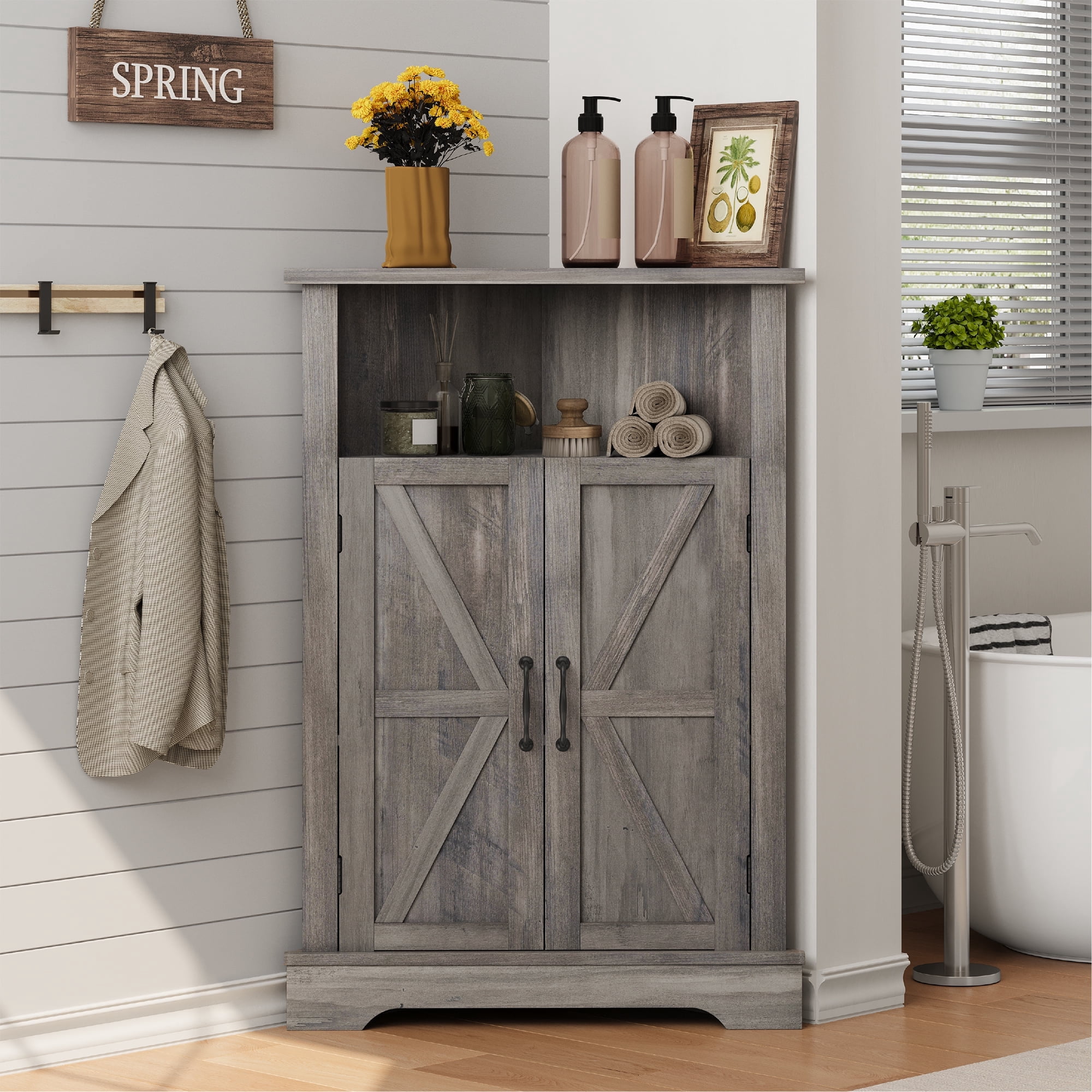 Semiocthome Farmhouse Bathroom Cabinet Corner Storage Cabinet, Barn Doors,Adjustable Shelves, Grey