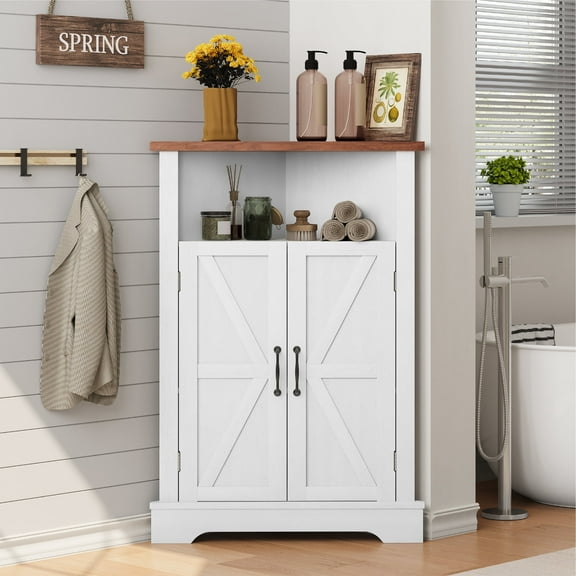 Semiocthome Farmhouse Bathroom Cabinet Corner Storage Cabinet, Barn Doors,Adjustable Shelves, White