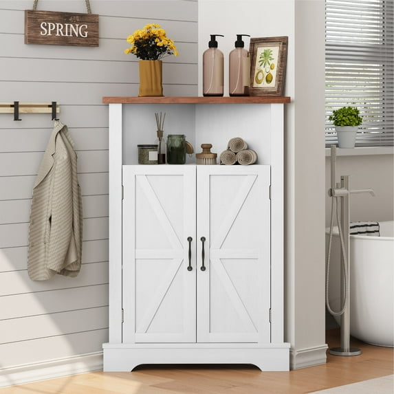 Semiocthome Farmhouse Bathroom Cabinet Corner Storage Cabinet, Barn Doors,Adjustable Shelves, White