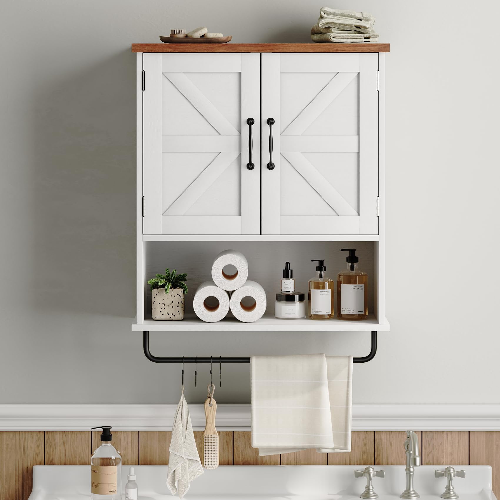 Semiocthome Farmhouse Bathroom Wall Cabinet with Towels Bar, Medicine ...