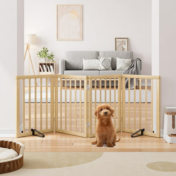 Semiocthome Foldable Dog Gate Bamboo Extra Wide Pet Gate with 2 Metal Stand for Indoor,Natural,74"W