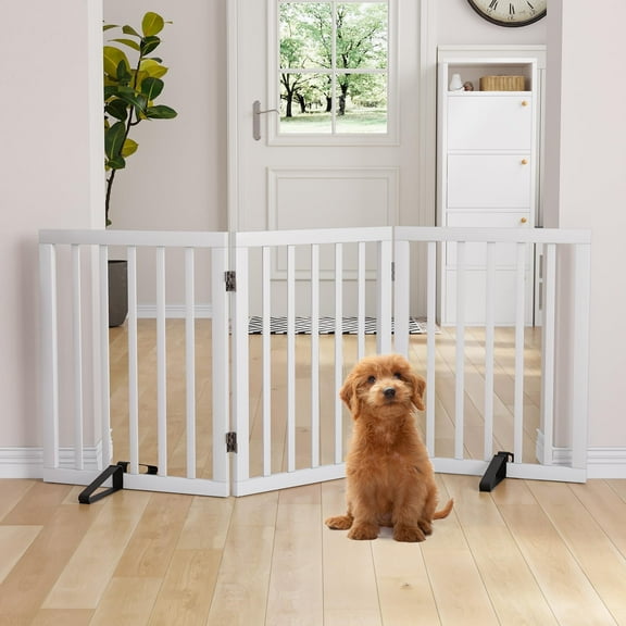 Semiocthome Foldable Dog Gate Bamboo Extra Wide Pet Gate with 2 Metal Stand for Indoor,White,55"W