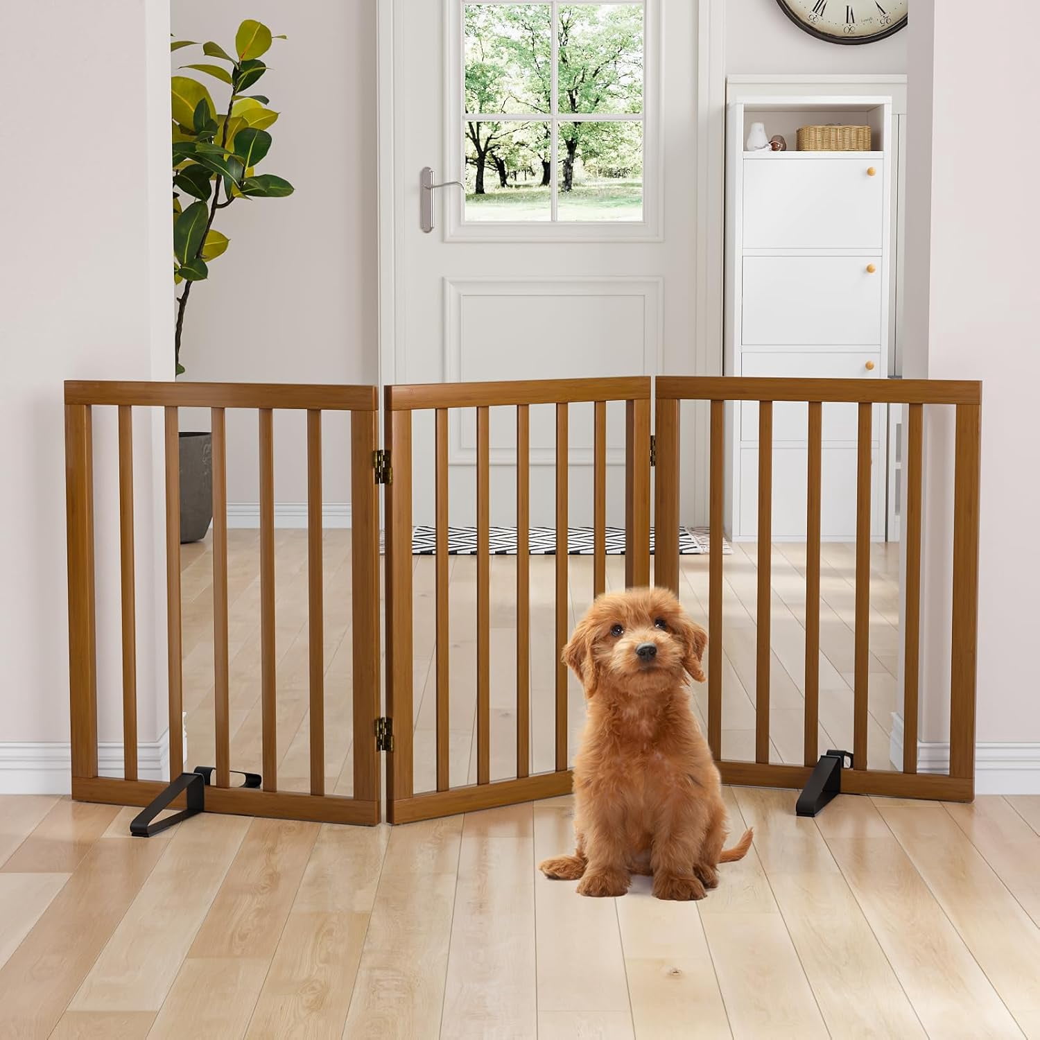 Semiocthome Freestanding Dog Gate 24“Tall, Walnut Foldable Dog Gates for Doorways Stairs Indoor, Wooden 3 Panels Pet Gates for Dogs with 2 Metals Stands, Fully Assembled Door Gates Fences