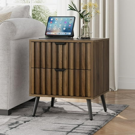Semiocthome Mid Century Nightstand with 2 Drawers,Bedside Table for Bedroom,Walnut,Adult