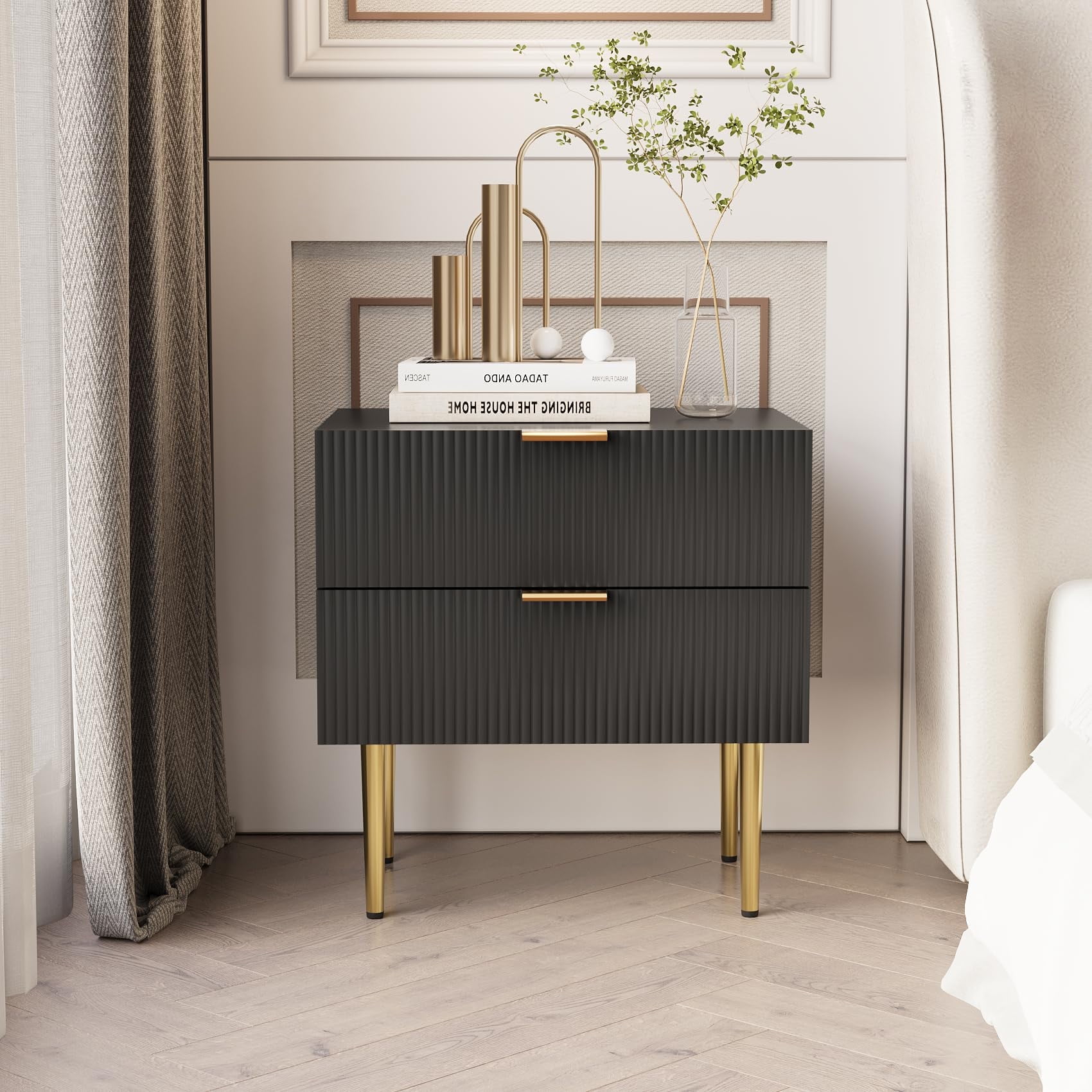 Black Fluted 2-Drawer Nightstand with Gold Accents