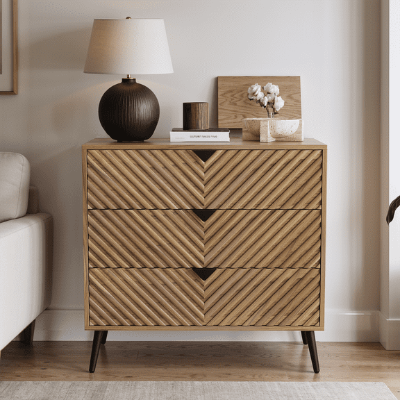 Semiocthome Modern 3 Drawer Dresser, Chest of Drawers with Diamond Doors for Bedroom, Walnut, Adult