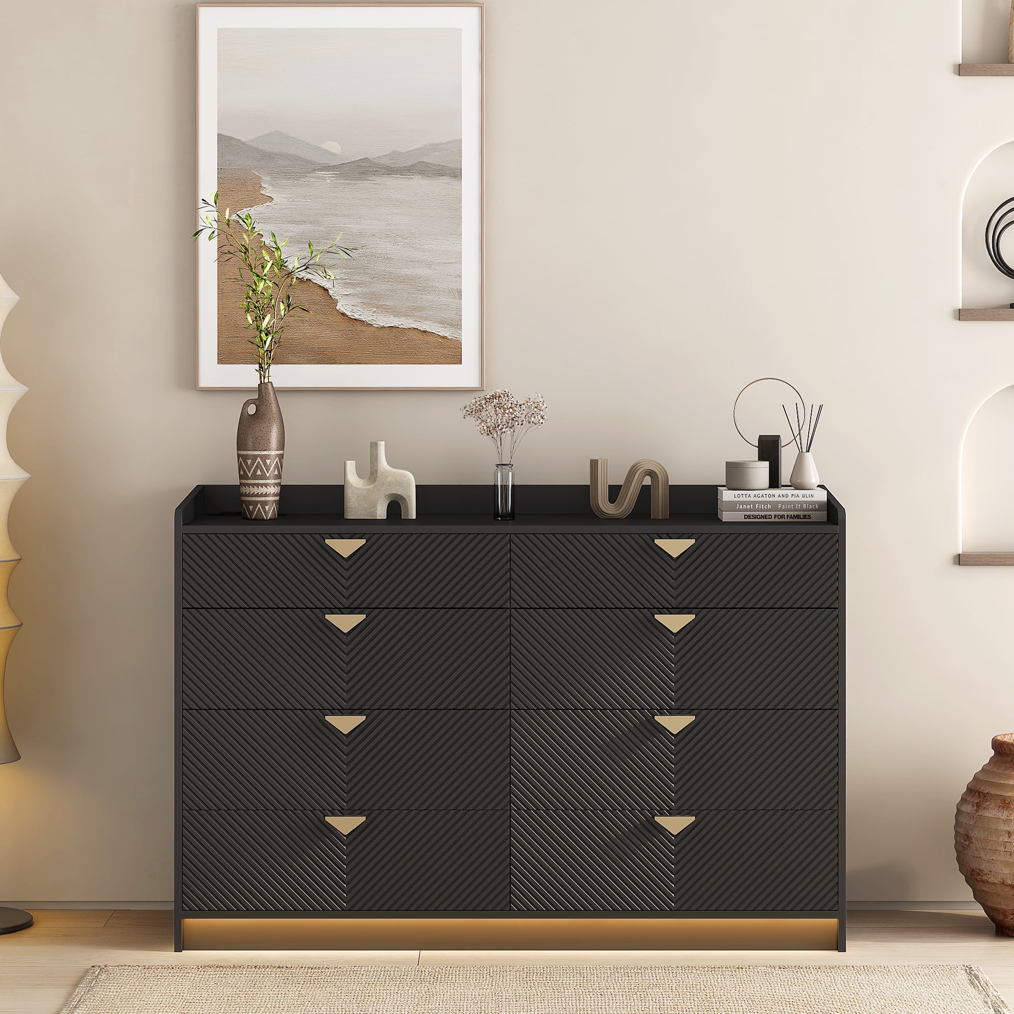 Black MDF 8-Drawer Double Dresser with Fluted Panels