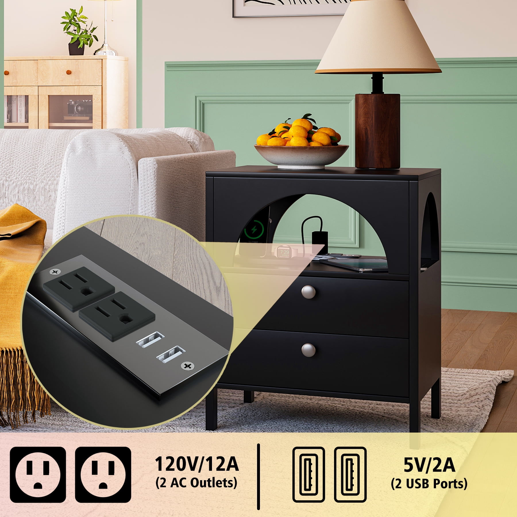Semiocthome Modern Nightstand with Charging Station 2 Drawer Bedside Table with USB Port Black Adult