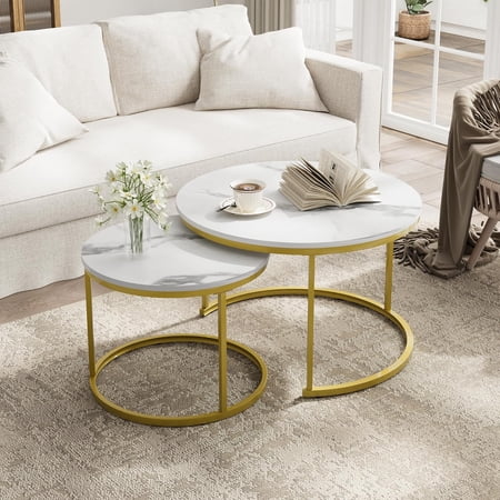 Semiocthome Modern Round Nesting Coffee Table Set,End Table Metal Frame for Living Room,31.5",White