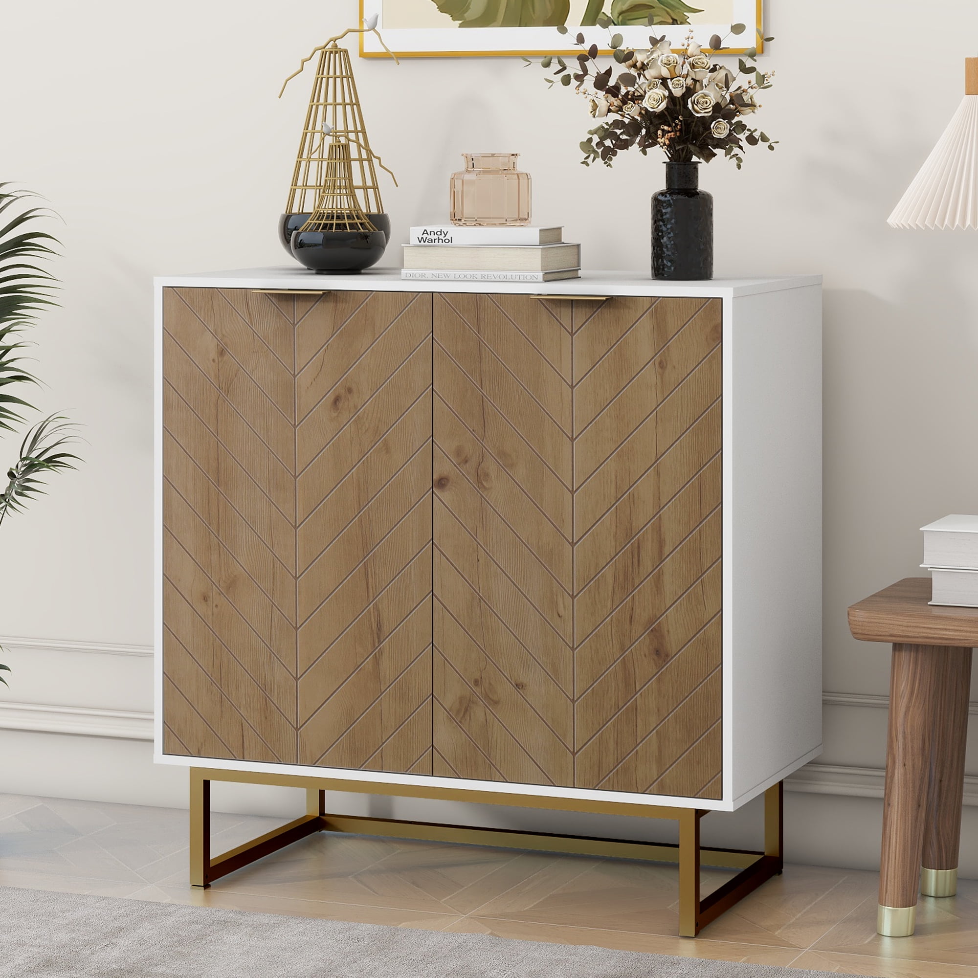 White and Natural Wood Herringbone Sideboard with Gold Metal Base