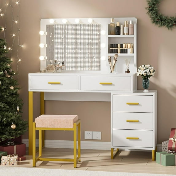 Semiocthome Modern Vanity Table and Cushioned Stool Set, 5 Drawers, LED Lights, Bedroom, White,Adult