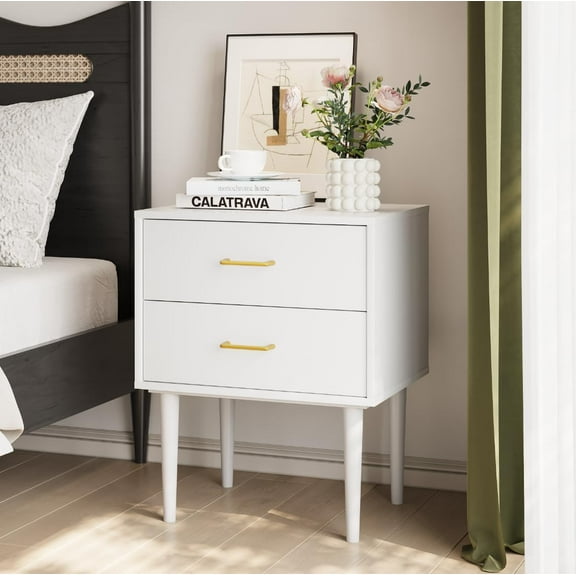 Semiocthome Modern White Nightstand with 2 Drawers & Glod Metal Handle, 26" H Wood Night Stand with Wide Tabletop, Bedside Tables with Solid Wood Legs, Sofa Storage End Table for Bedroom