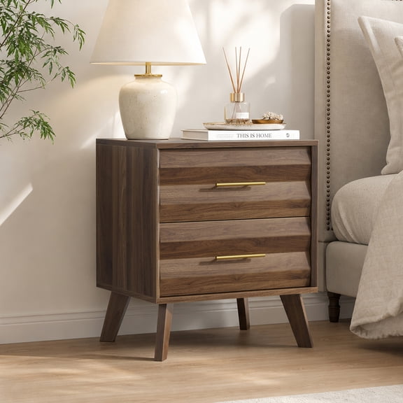 Semiocthome Nightstand with 2 Drawers and Unique 3D Fluted Design, Bedside Table for Bedroom, Walnut