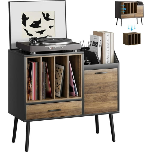 Semiocthome Record Player Stand with Nesting Vinyl Storage Crate, Record Player Table with a Drawer, a Cabinet, CDs Storage Area, Side End Table with Solid Wood Legs for Turntables for Living Room