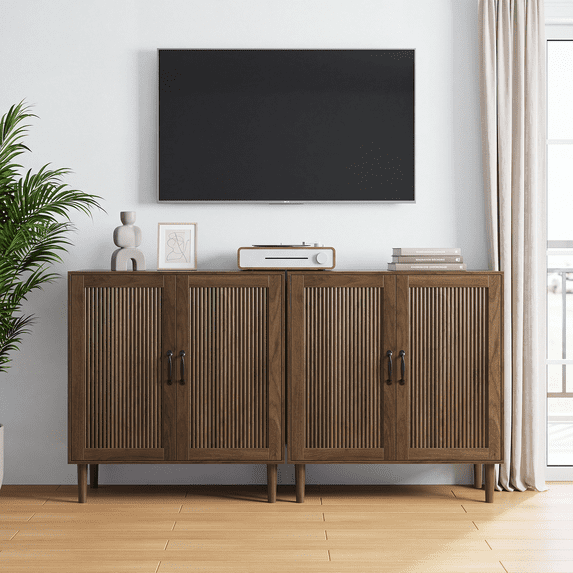 Semiocthome Set of 2 Sideboard Cabinet with Adjustable Shelf, Wooden Console Cabinet for Living Room, Walnut