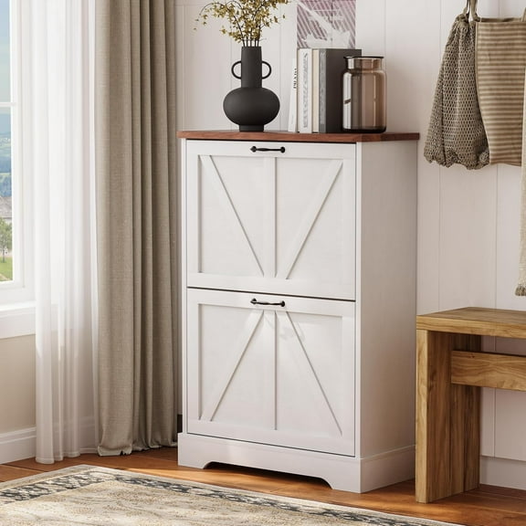 Semiocthome Shoe Cabinet with 2 Flip Drawers, Farmhouse Shoe Storage Cabinet for Fntryway, White