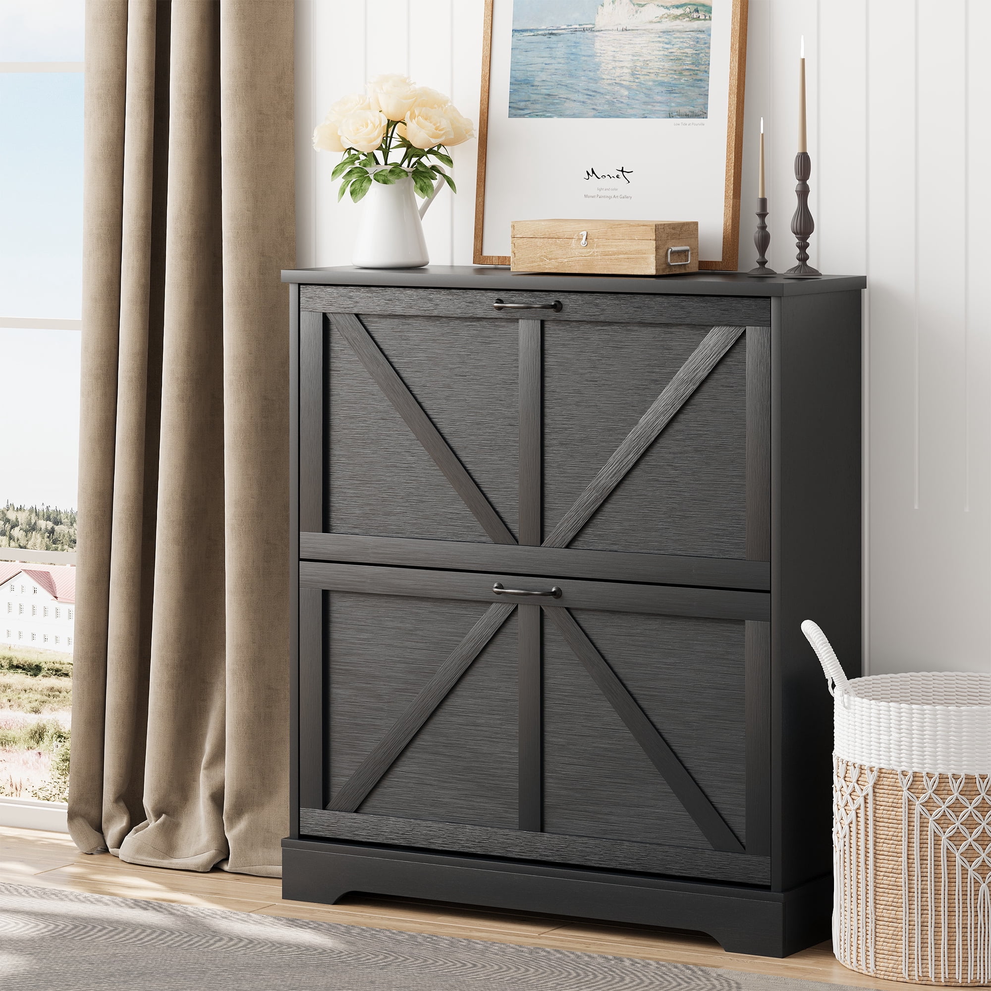 SOHO　Slimane300 Semiocthome Shoe Cabinet with 2 Flip Drawers 30 Pairs,Narrow Shoe