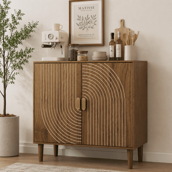 Semiocthome Sideboard Buffet Cabinet with 1 Shelf and Line Groove Design, Kitchen, Walnut