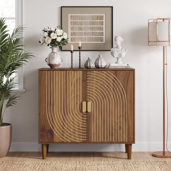 Semiocthome Sideboard Buffet Cabinet with 1 Shelf and Line Groove Design, Kitchen, Walnut