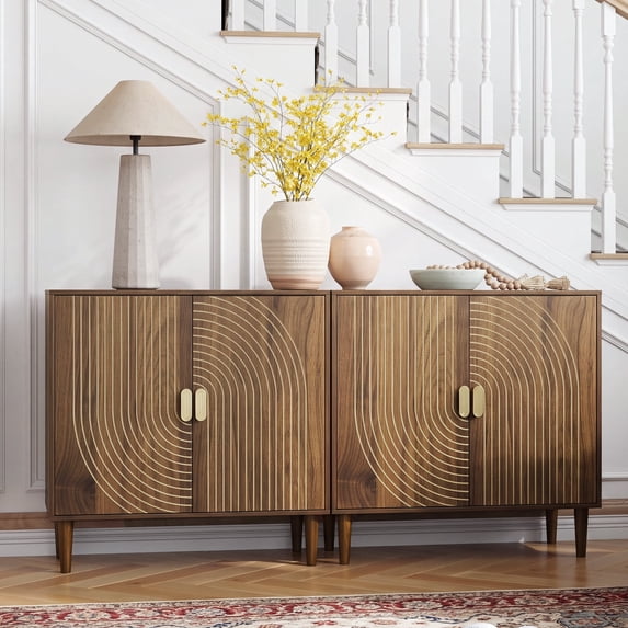 Semiocthome Kitchen Sideboard Buffet Cabinet with Adjustable Shelf, Line Groove Door, Walnut Finish, Set of 2