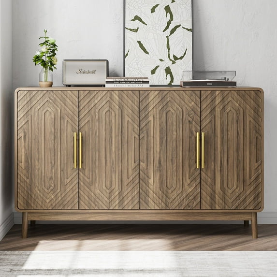 Semiocthome Sideboard with 4 Carved Door and Adjustable Shelf Coffee Bar Cabinet for Kitchen,Home,Walnut