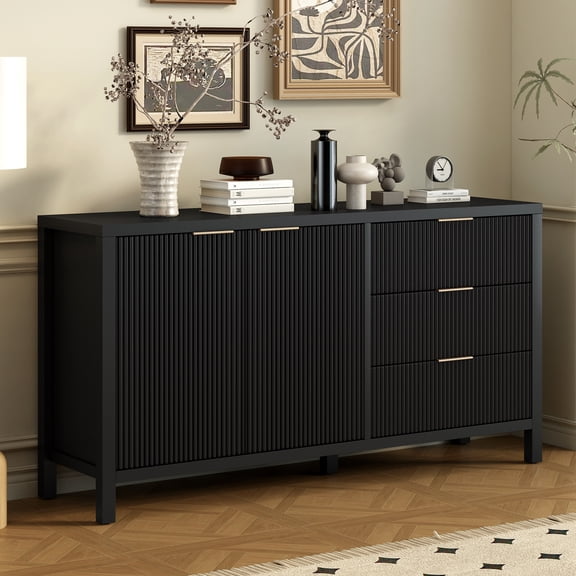 Semiocthome Sideboard with Doors and 3 Drawers, Buffet Cabinet with Storage, Kitchen, Black