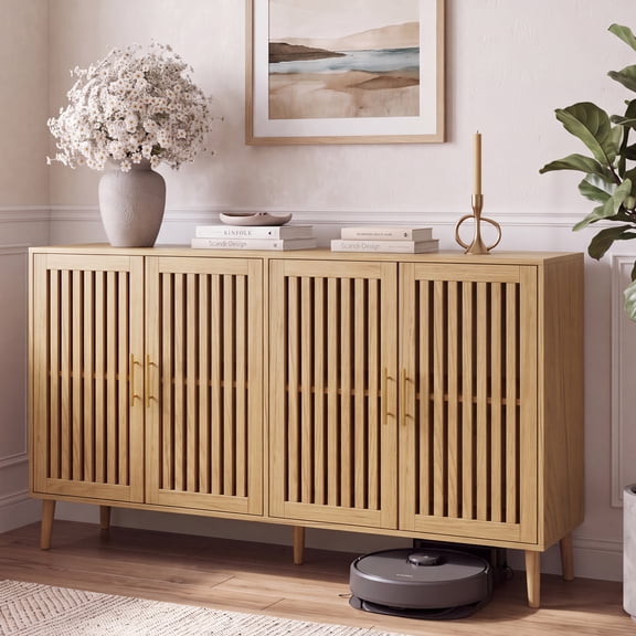 Semiocthome Sideboards and Buffets with 4 Doors and Adjustable Shelve,Coffee Bar for Kitchen, Natural