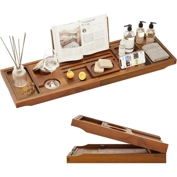 Semiocthome Foldable Bathtub Tray Caddy, Expandable Bath Tray for Tub, Soap Holder, Non Slip,Teak