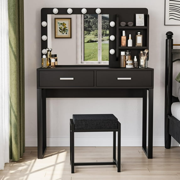 Semiocthome Makeup Vanity Table with Mirror and Lights, 2 Drawers, Dressing Table with Chair, Black