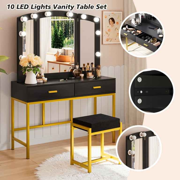 Bedroom Vanity Table Set 10 LED Mirror Makeup Desk with Storage