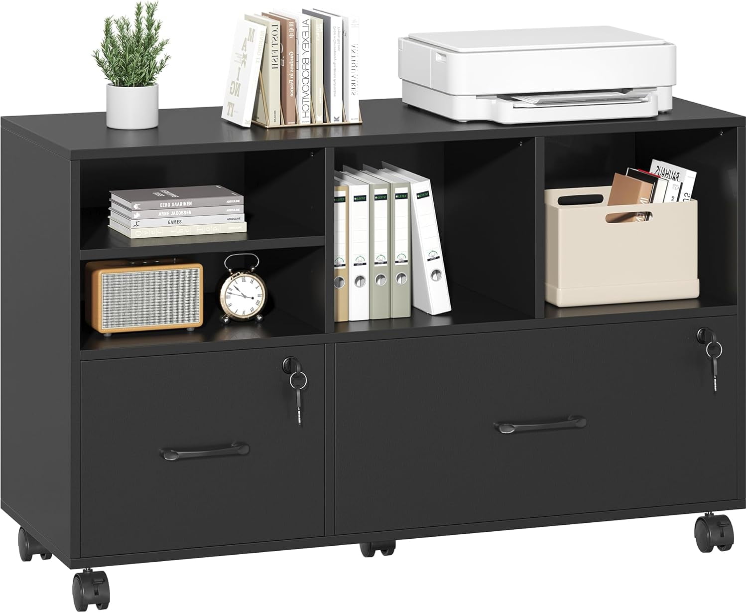 Tribesigns 43-inch Mobile Lateral File Cabinet With 2 Drawers & Open Shelves - Rolling Office Storage, Light Grey