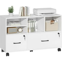 Semoic 2 Drawer Wood Lateral File Cabinet with Lock, Lockable Rolling Filing Cabinet with Open Storage Shelves, Printer Stand Office Storage Cabinet for Home Office Fits Files Legal/A4 Size, White