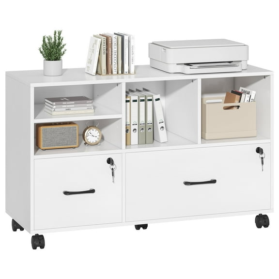 Semoic 2 Drawer Wood Lateral File Cabinet with Lock, Lockable Rolling Filing Cabinet with Open Storage Shelves, Printer Stand Office Storage Cabinet for Home Office Fits Files Legal/A4 Size, White