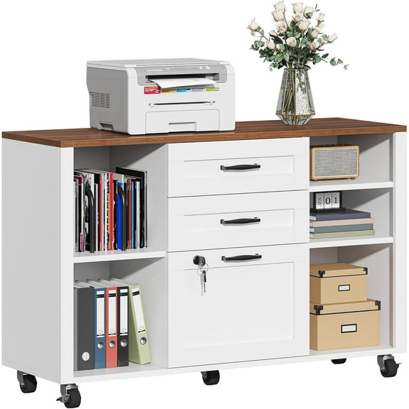 Semoic 3 Drawer Wood Lateral File Cabinet with Lock, Rolling Mobile Filing Cabinet with Open Storage Shelves, Printer Stand Office Storage Cabinet for Home Office Fits Files Legal/A4 Size, White