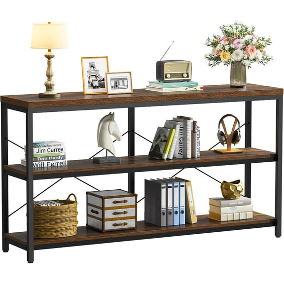 Semoic 3-Tier Industrial Bookshelf, Wide Wood Horizontal Bookcase, Display Rack Shelving Unit for Living Room, Bedroom & Study, Brown