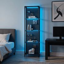 Semoic 4 Tier Gaming Display Shelves with Hooks, Metal Frame Display Cabinet, Narrow Display Stand with Glass Shelves for Bedroom, Living Room, Black