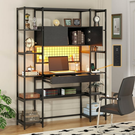 Semoic 5 Tiers Black Bookshelf with Home Office Desk and RGB Lights and Power Outlet, 71.1" Tall Book Shelf with Drawer & Storage Cabinet & 12 Storage Shelves, Large Bookcase with 2 Doors, Black