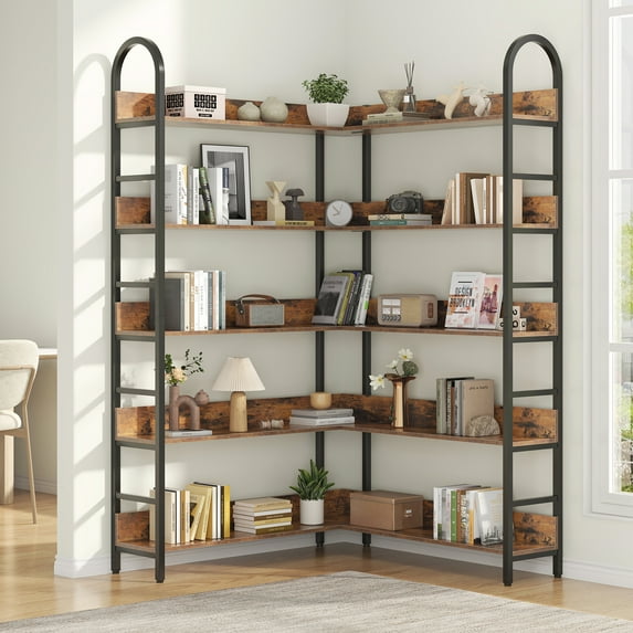 Semoic 5 Tiers Tall Corner Bookshelf, Large Heavy Duty Industrial Corner Bookcase with Metal Frame, L Shaped Bookshelves and Bookcases Etagere Bookcase Display Storage Shelves for Living Room, Brown
