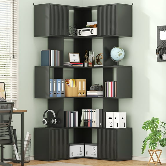 Semoic 6-Tier Corner Bookcase, 71" Tall L-Shape Corner Bookshelf with 4 Storage Cabinets, Modern Display Storage Shelf for Living Room, Narrow, Black
