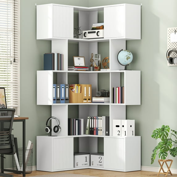 Semoic 6-Tier Corner Bookcase, 71" Tall L-Shape Corner Bookshelf with 4 Storage Cabinets, Modern Display Storage Shelf for Living Room, Narrow, White